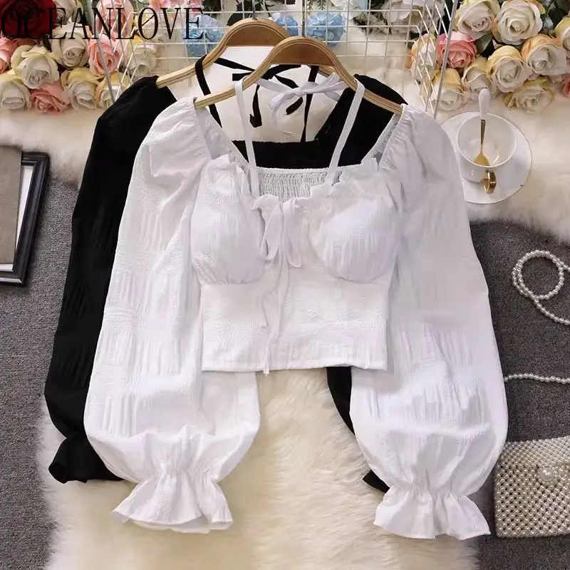

OCEANLOVE Short Blouses Puff Sleeve Solid Spring Autumn Women Shirts Korean Fashion Square Neck Elegant Blusas Feminina