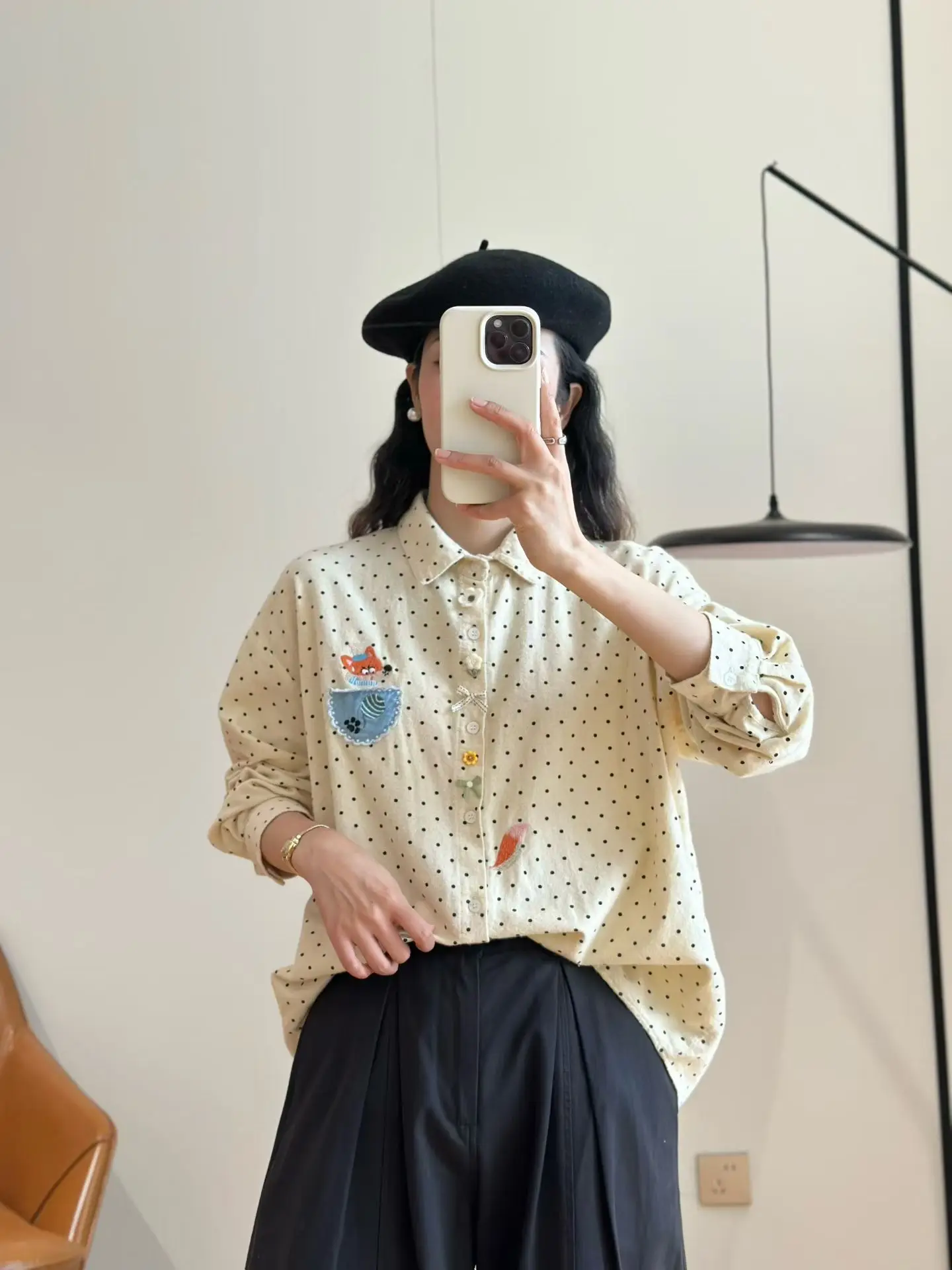 

Sweet Polka Dot Embroidered Long Sve Cotton irt Свободный повседневный топ для женщин Дышащий удобный Thiened Winter S...