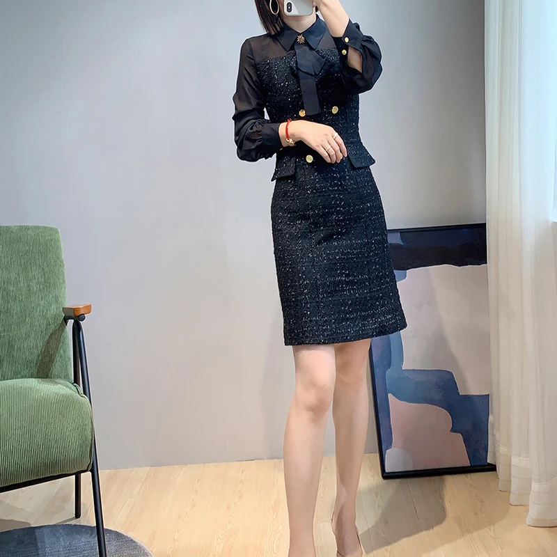 

Ele Lady Knot Thin Long Sve Patchwork Thi Tweed Slimming Autumn Winter Dr Lady's Gown for Banquet