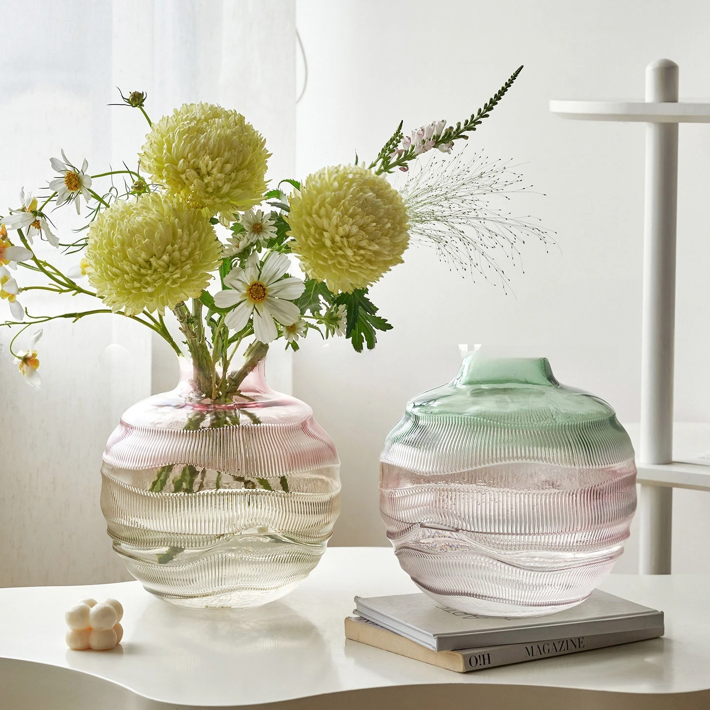 French water ripple gradient art glass vase for home interiors, living rooms, dining rooms, and tabletop flower arrangements