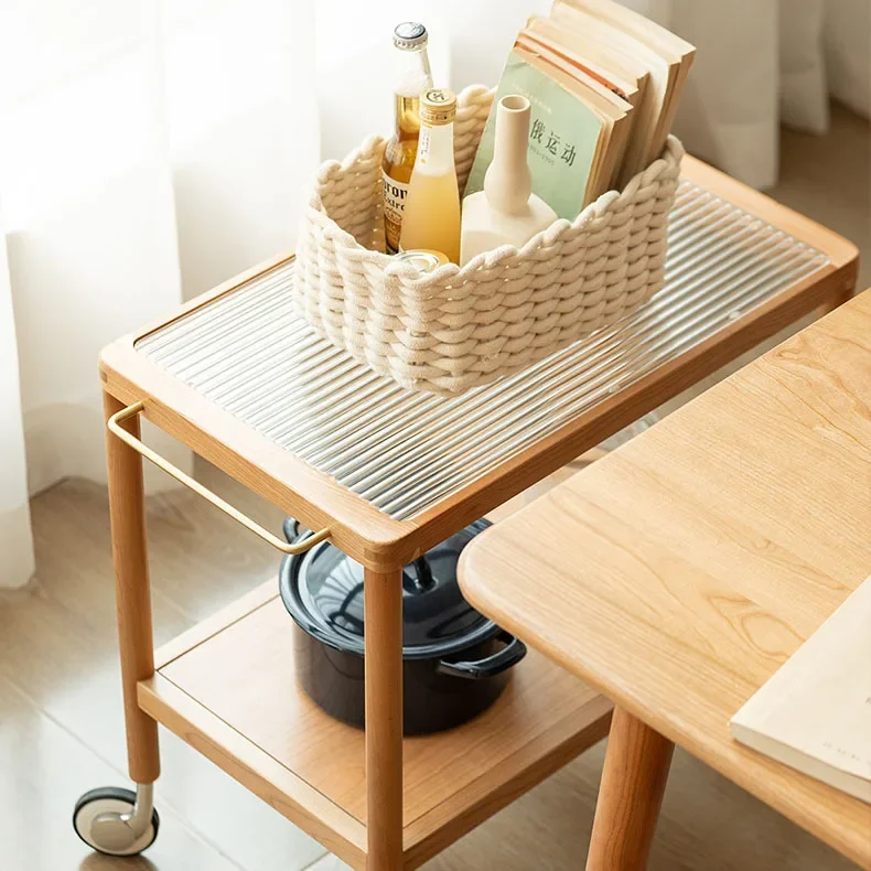 Tavolo con bordo in legno massello in stile giapponese, divano mobile, tavolino trolley con ruote, tavolo da tè medievale in legno di ciliegio