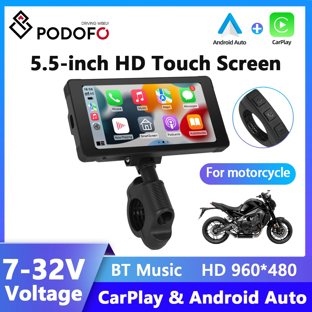 

Podofo 5.55" Motorcycle Portable Wireless Carplay Android Auto Car Monitor Portable Navigation GPS Screen DVR Drive Recorder TF