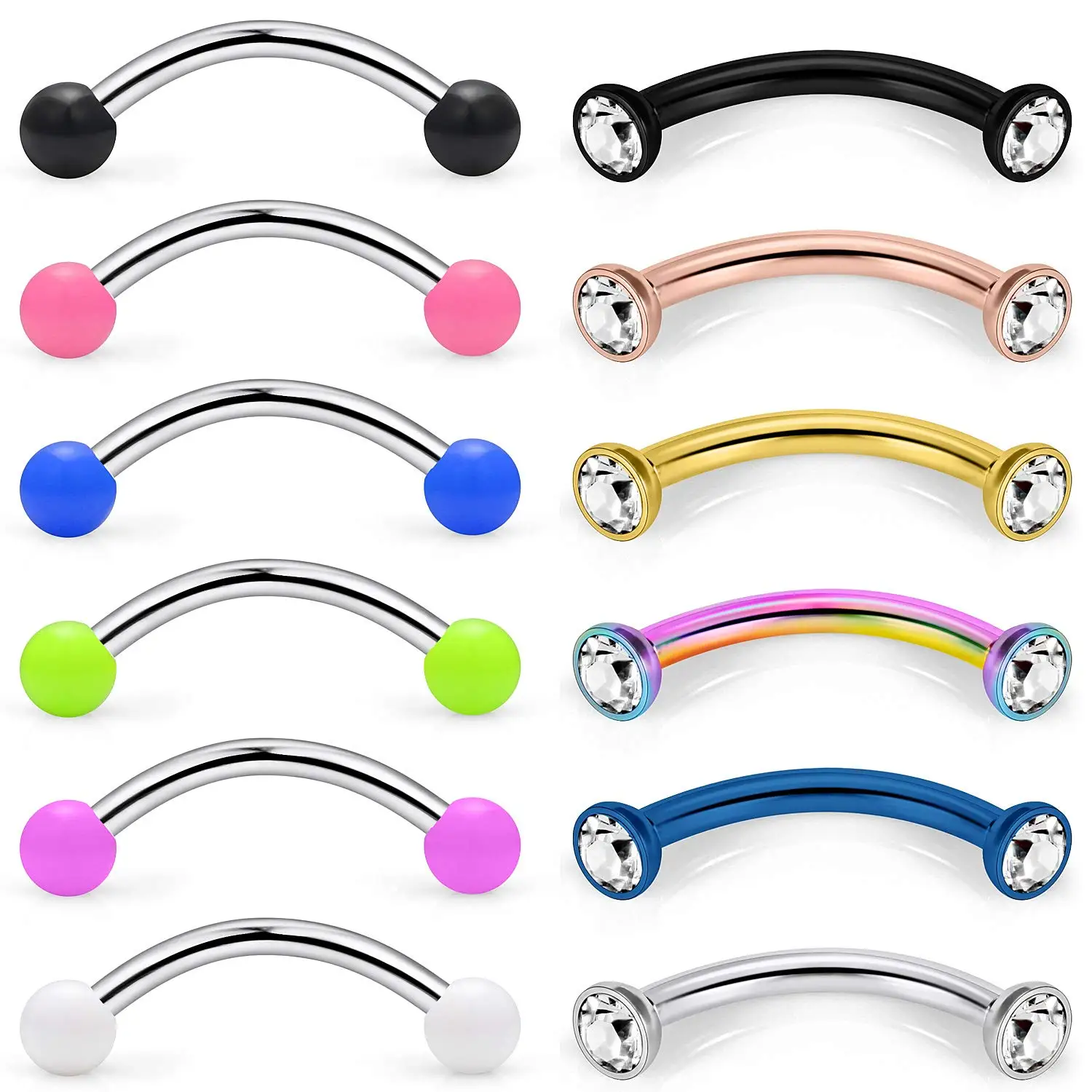 12PCS 16G Stainless Steel Curved Barbell Snake Eyes Tongue Ring Nipple Rings Nipple Rings Piercing Jewelry Retainer 6-12mm