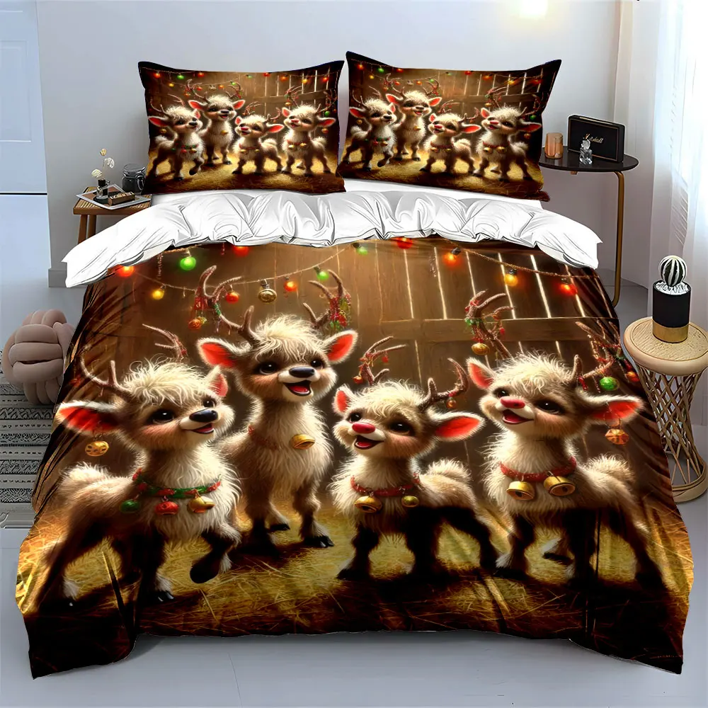 Adorable Christmas reindeer bells colorful lights shed Print Duvet Cover Bedding Set Included 1*Duvet Cover 2*Pillowcases