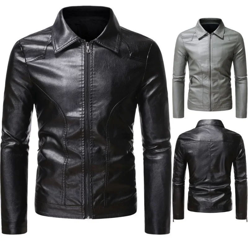 

Spring PU Motorcycle Jacket Slim Fit Zipper Long Sleeve Black Casual Business Faux Leather Moto Biker Coat Men Plus Size 4xl