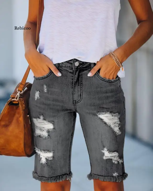 

Ripped Jeans Summer Street Tassel High Elastic Skinny Pants Mid Waist Five Points Pants Women Slim Hole Ladies Casual Shorts