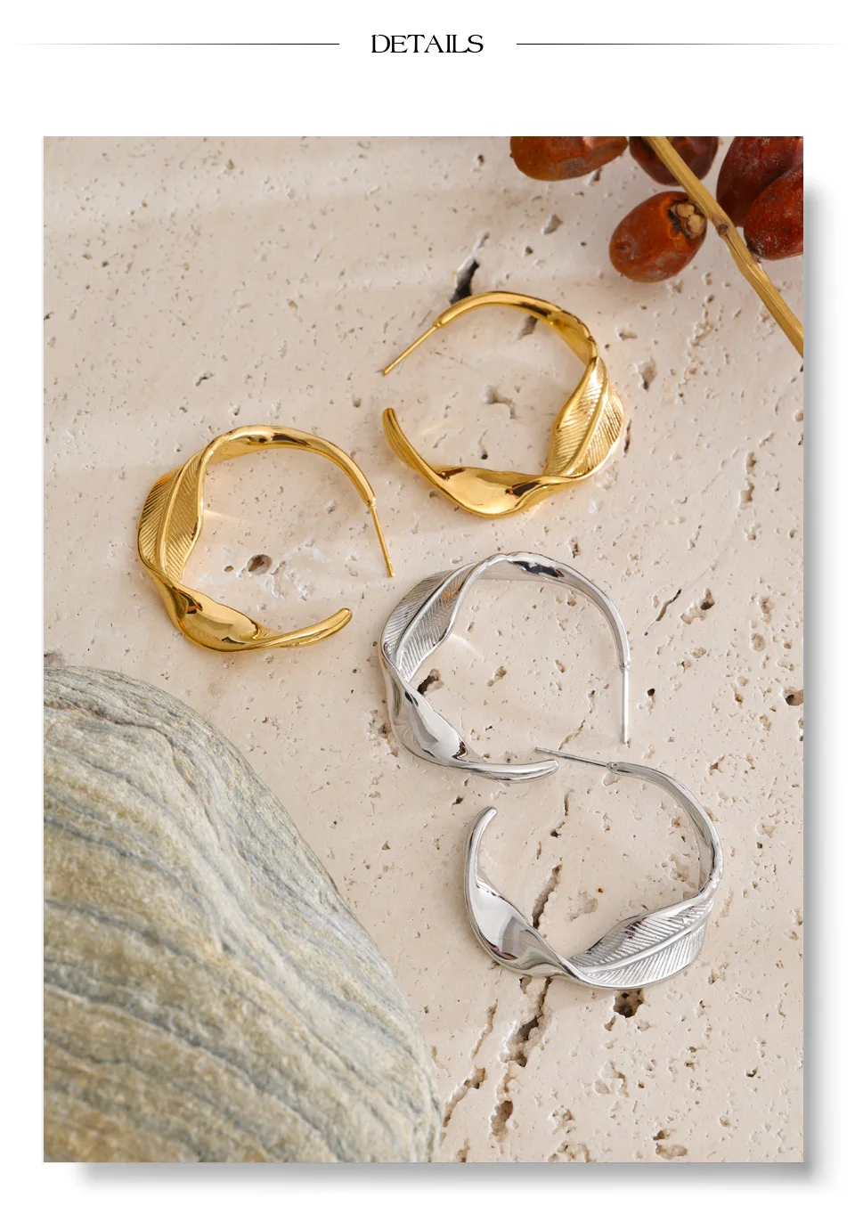 Yhpup Edelstahl-Blatt-Ohrringe mit gedrehtem Design, Wasserfest, PVD-Beschichtet, Charakteristischer Minimalistischer Schmuck im Großhandel – Detail 7