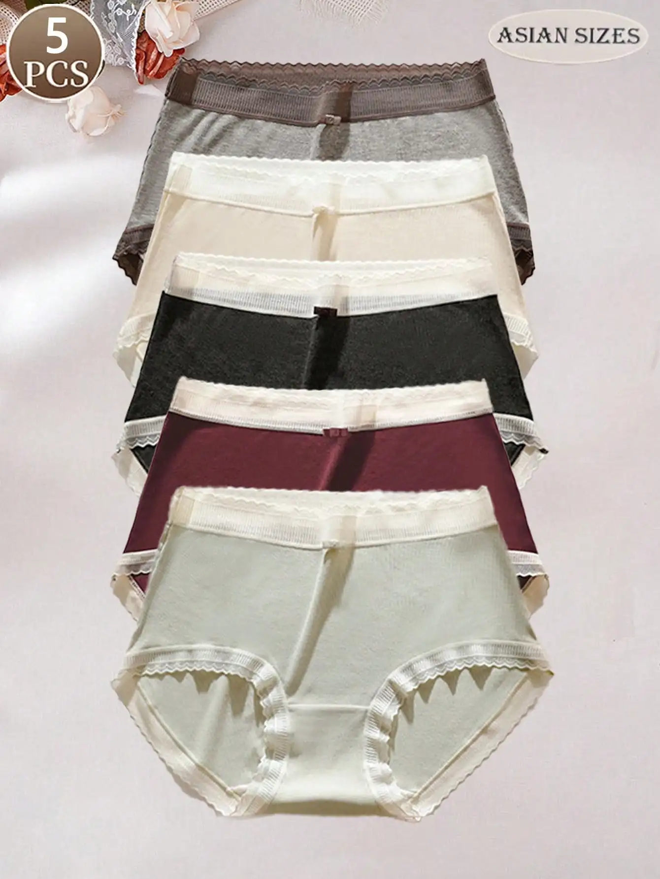 5-piece solid color ribbed bow comfortable women's underwear, casual sporty seamless high-waisted women's briefs