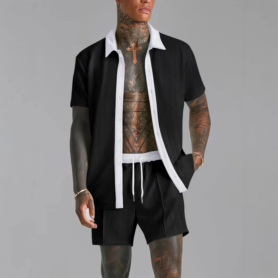 Summer Men's casual suit patchwork transparent lapel short-sleeved shirt & Shorts Stylish and comfortable two-piece streetwear