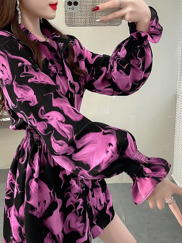 

Faionable Floral Print Midi irt Women's Ele Long Sve Turn-down Collar Top Slim Fit Autumn Commute Sle Polyester