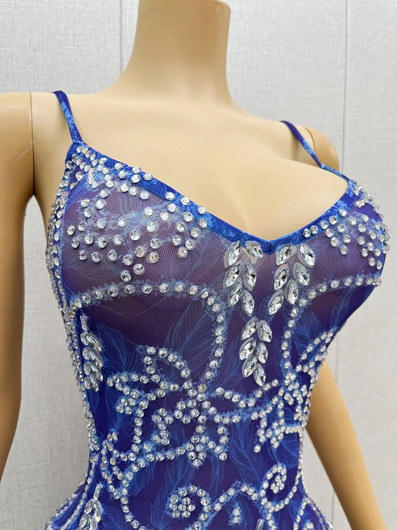 Blue Diamond Slightly Transparent Sexy Temperament Evening Dress Birthday Party Event Evening Singer Performance Evening Dresses