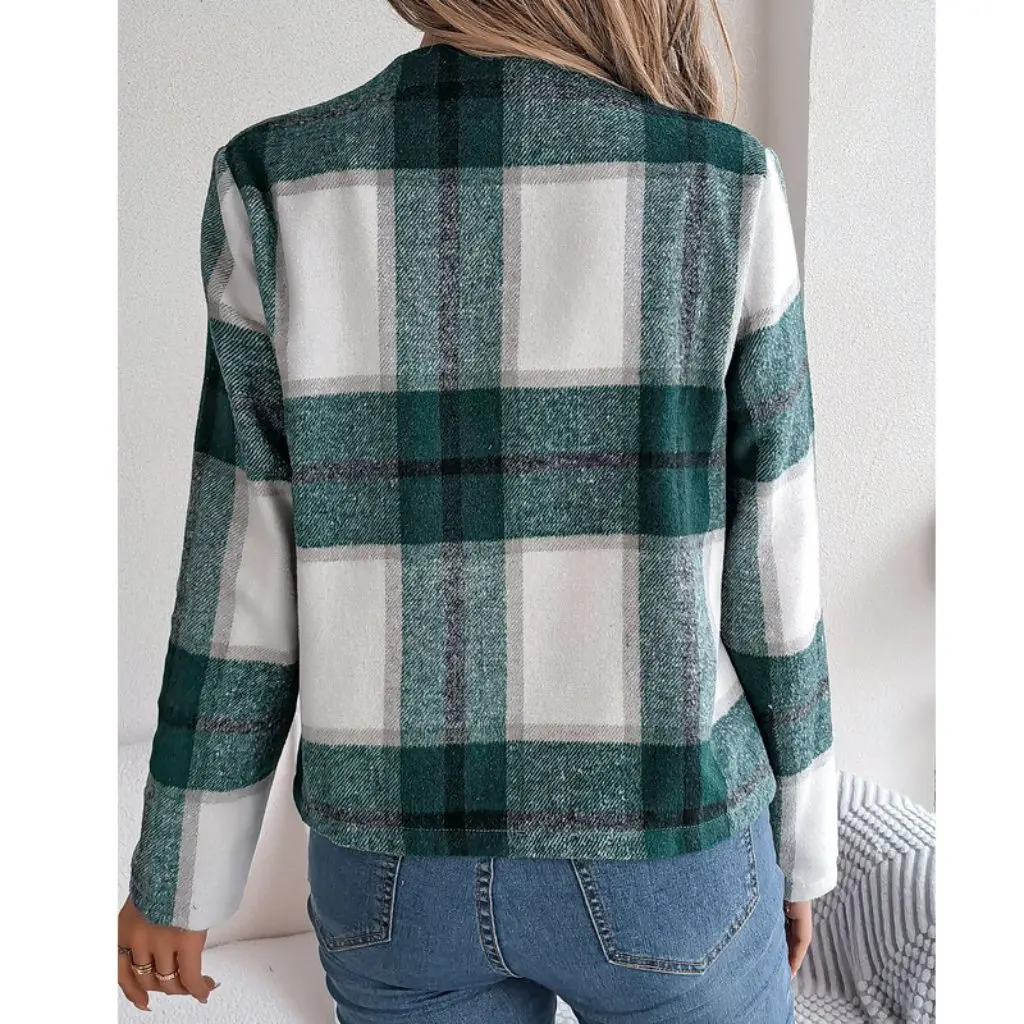 

Women's Casual Plaid Long Sleeve Cardigan European American Style Independent Station Autumn Winter Short Woolen Cloth Coat