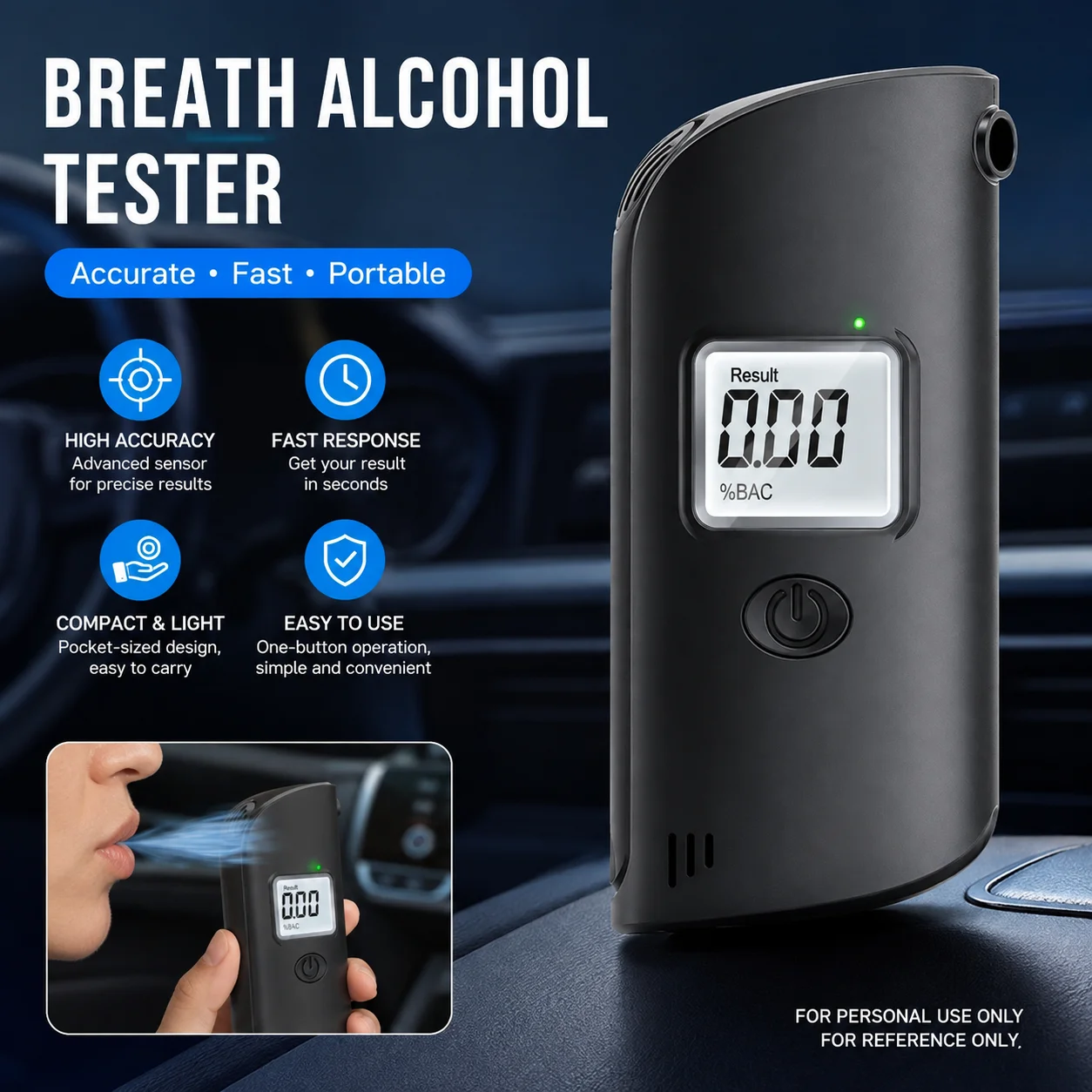 Portable Breath Alcohol Tester Personal Use Digital Breath Analyzer Compact Alcohol Tester