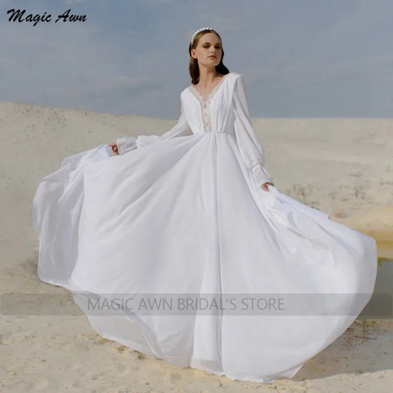 Magic Awn-Vestidos de novia de gasa para playa, ropa blanca de manga larga con Apliques de encaje, espalda abierta, estilo bohemio, ilusión Simple