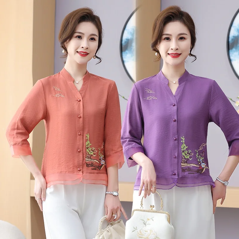 

Новинка 2024, женская футболка из хлопка и льна с вышивкой, открытый кардиган, топ для среднего возраста и модный подбородок...