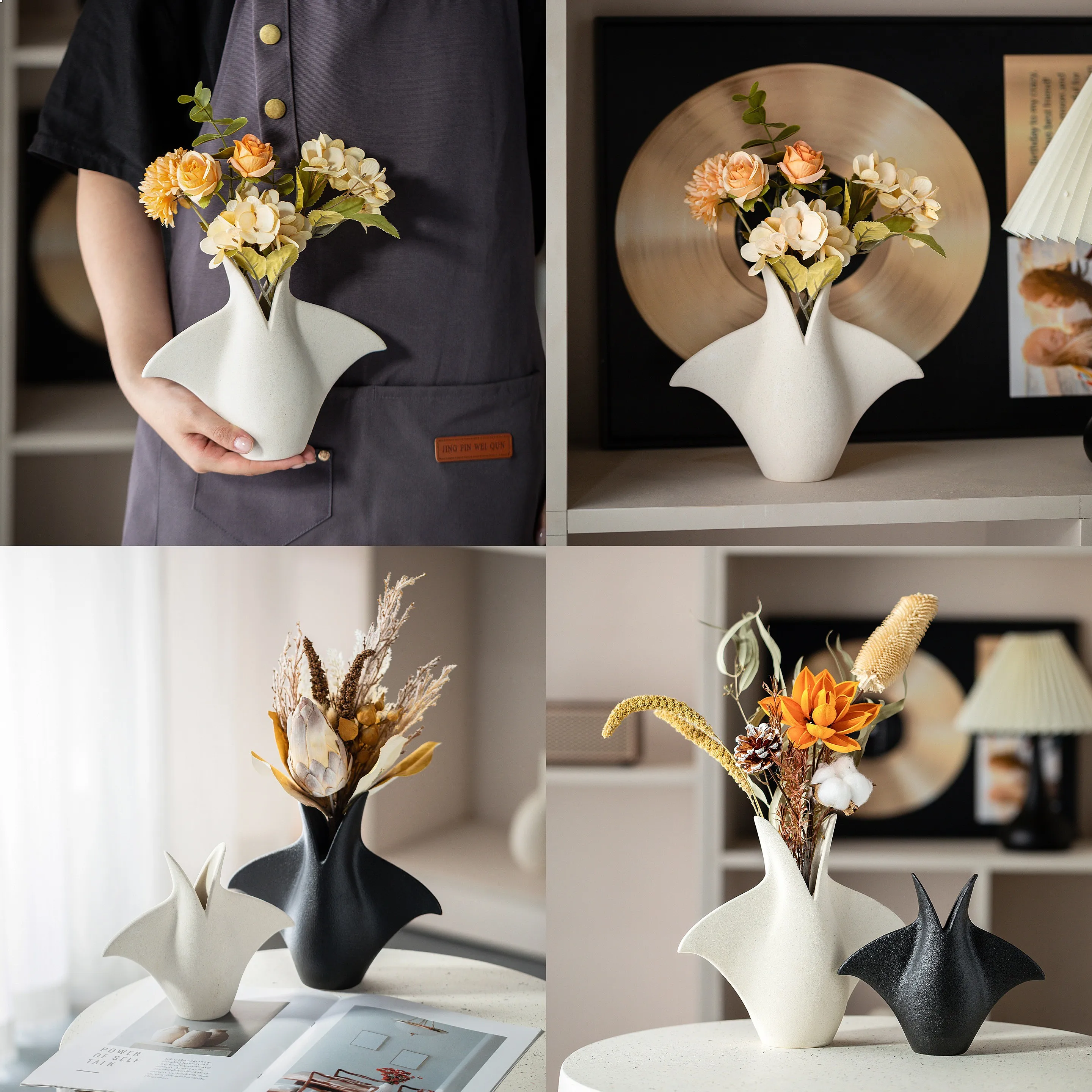 Creative Manta Ray Shape Ceramic Vase, Modern Home Decor Ornament for Living Room Flower Arrangement