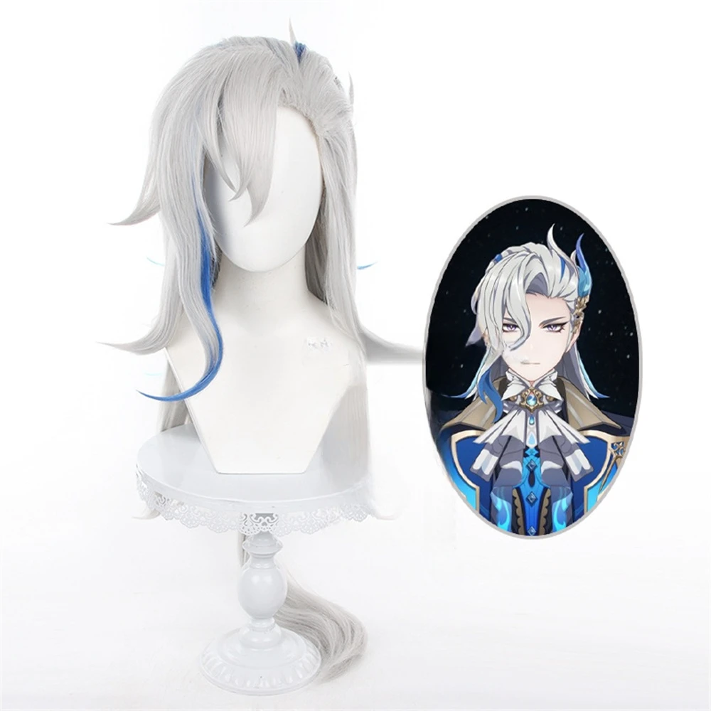 

Fontaine Neuvillette Cosplay Wig Silver White Blue Long Heat Resistant Synthetic Hair Halloween Party Wigs +Wig Cap