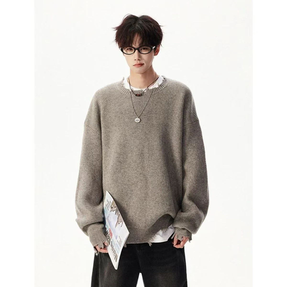 

Loose Fit round Ne Knitwear Men's Casual Base Layer Sweater Autumn Winter Faion Street Sle Couple's Comfortable Long Sl...