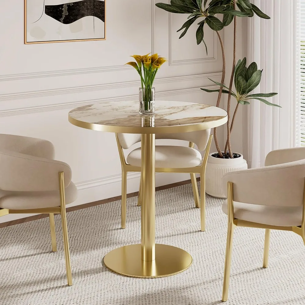 Mesa de cocina moderna Tulip, mesa de comedor redonda con tablero de piedra sinterizada, borde y base dorados, mesa de bistró para 2-4 personas