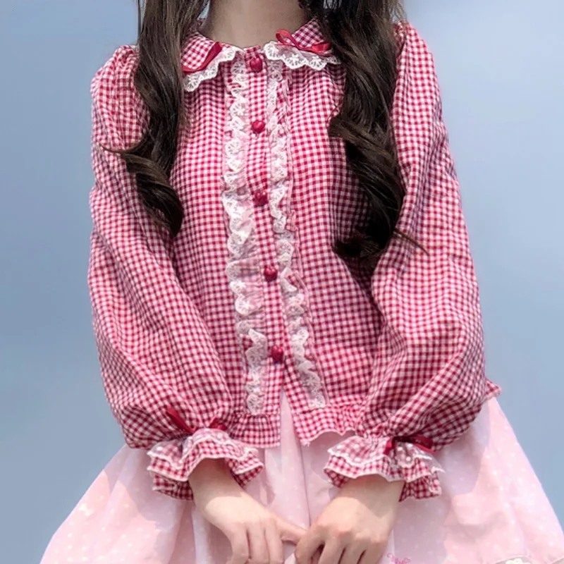 Japanese Style Sweet Lolita Blouses Women Cute Lace Ruffles Harajuku Jk Shirts Girls Kawaii Peter Pan Collar Long Sleeve Blusas