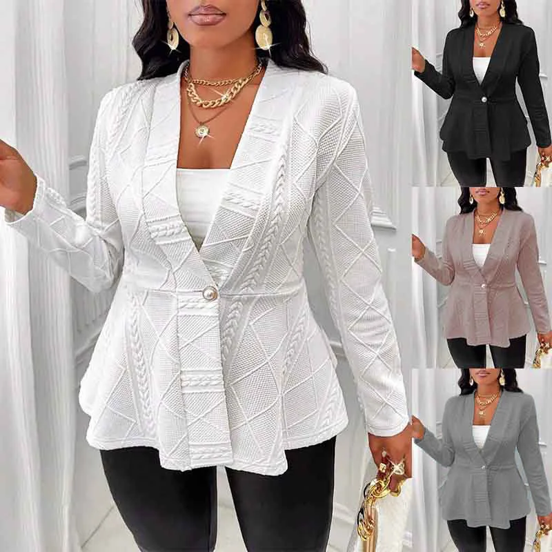 Autumn Winter New Jacquard Texture Single Button Long Sleeve Suit White Black Peplum Elegant Ruffle Pleated Deep Vneck Suits Top