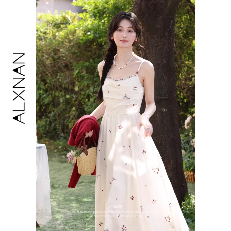 

ALXNAN Floral Dress Women Apricot French Spring Summer Long Slip Dress 2026 Holiday Beach Fashion Elegant Sundress Female L62203