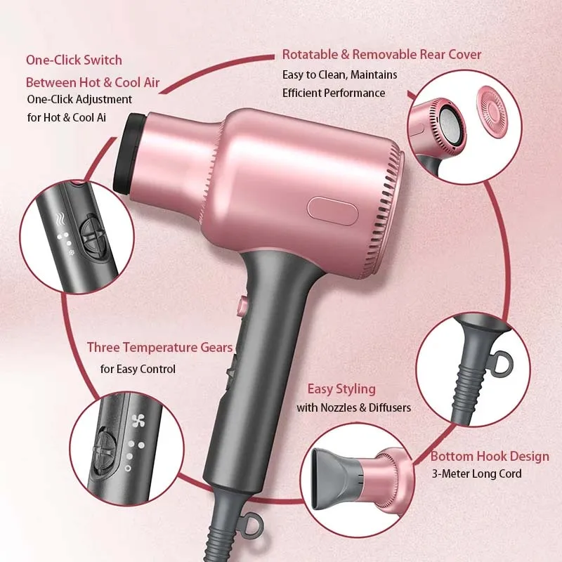 Professioneller Mini-Hochgeschwindigkeits-Ionen-Haartrockner 110.000 U/min Bürstenloser Motor Ultra-Leise 3 Geschwindigkeiten mit Diffusor Individuelles Logo – Detail 5