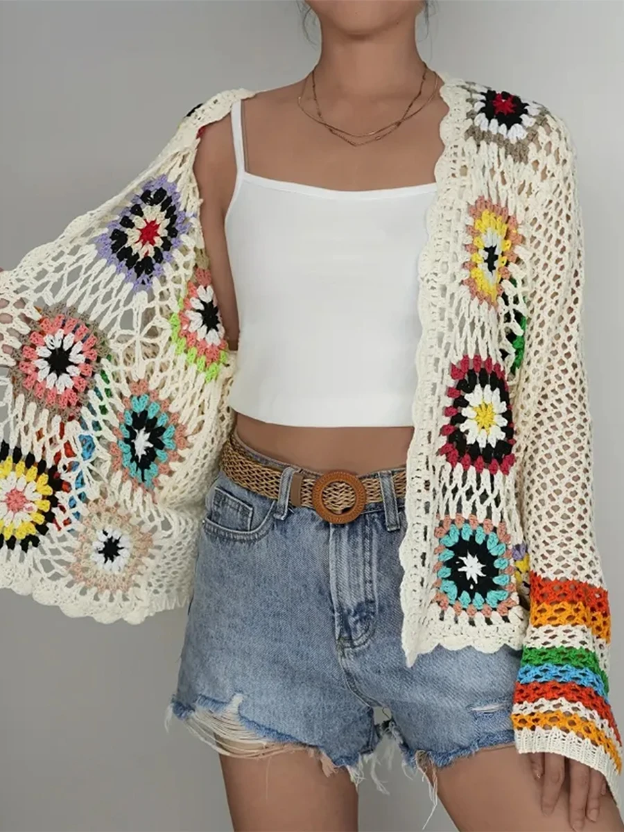 Y2k 할로우 니트 크로셰 스웨터, 여성용 2025 가디건, 용수철 및 가을 패션 블라우스 탑, 2000 년대 빈티지 비치 커버업