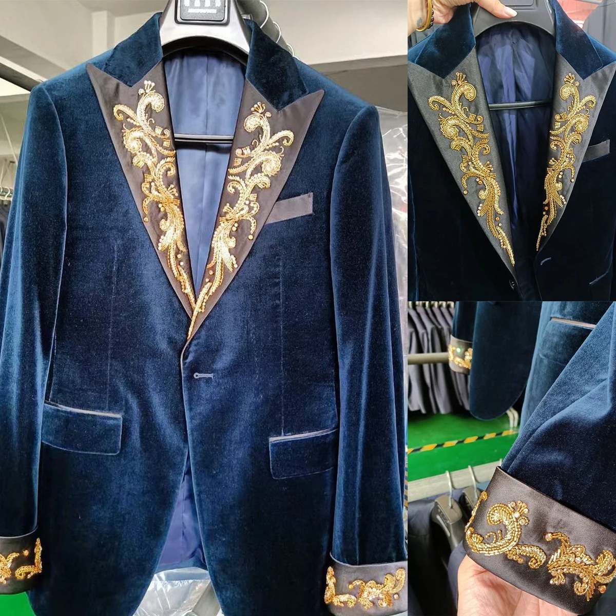 Autumn Luxury Men's Wedding Blazer Appliques Peak Lapel Groom Wear Velvet Tuxedos For Prom Evening Party Custom Made Only Coat