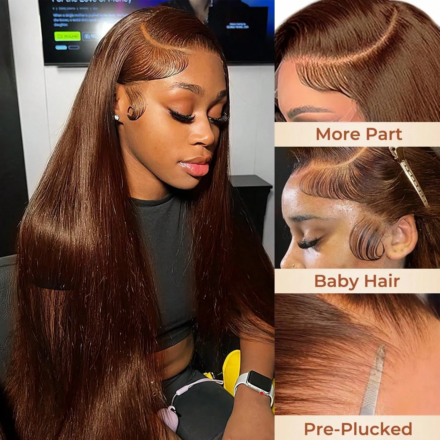 32 Inch Chocolate Brown HD Lace Front Wig 13x4 200% Density Straight Brazilian Human Hair with Pre-Plucked Baby Hair Full Edges for Natural Looking