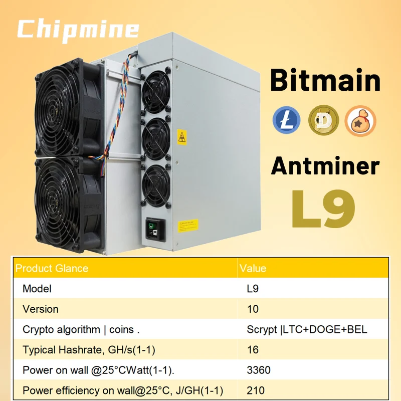 Bitmain Antminer L9 LTC DOGE Coin Miner 16.2GH/s High Hashrate 3360W Power Consumption Scrypt Algorithm Air-cooling Asic Miner