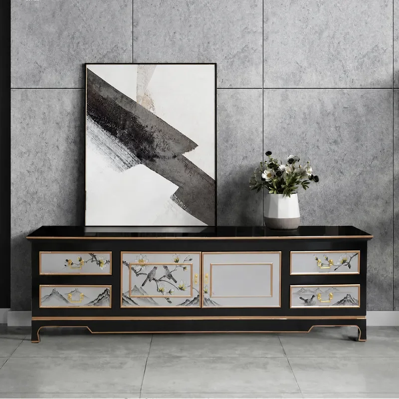 New Chinese Style Silver Foil TV Cabinet and Coffee Table Set Small Apartment Living Room Painted Floor Cabinet Dining