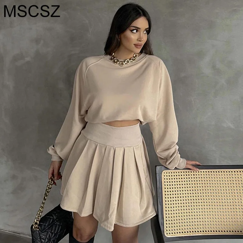 MSCSZ O-Neck Sweatshirt And Mini Skirt 2 Piece Sets Outfits Fall Casual Sport Outfit For Woman New In Matching Sets