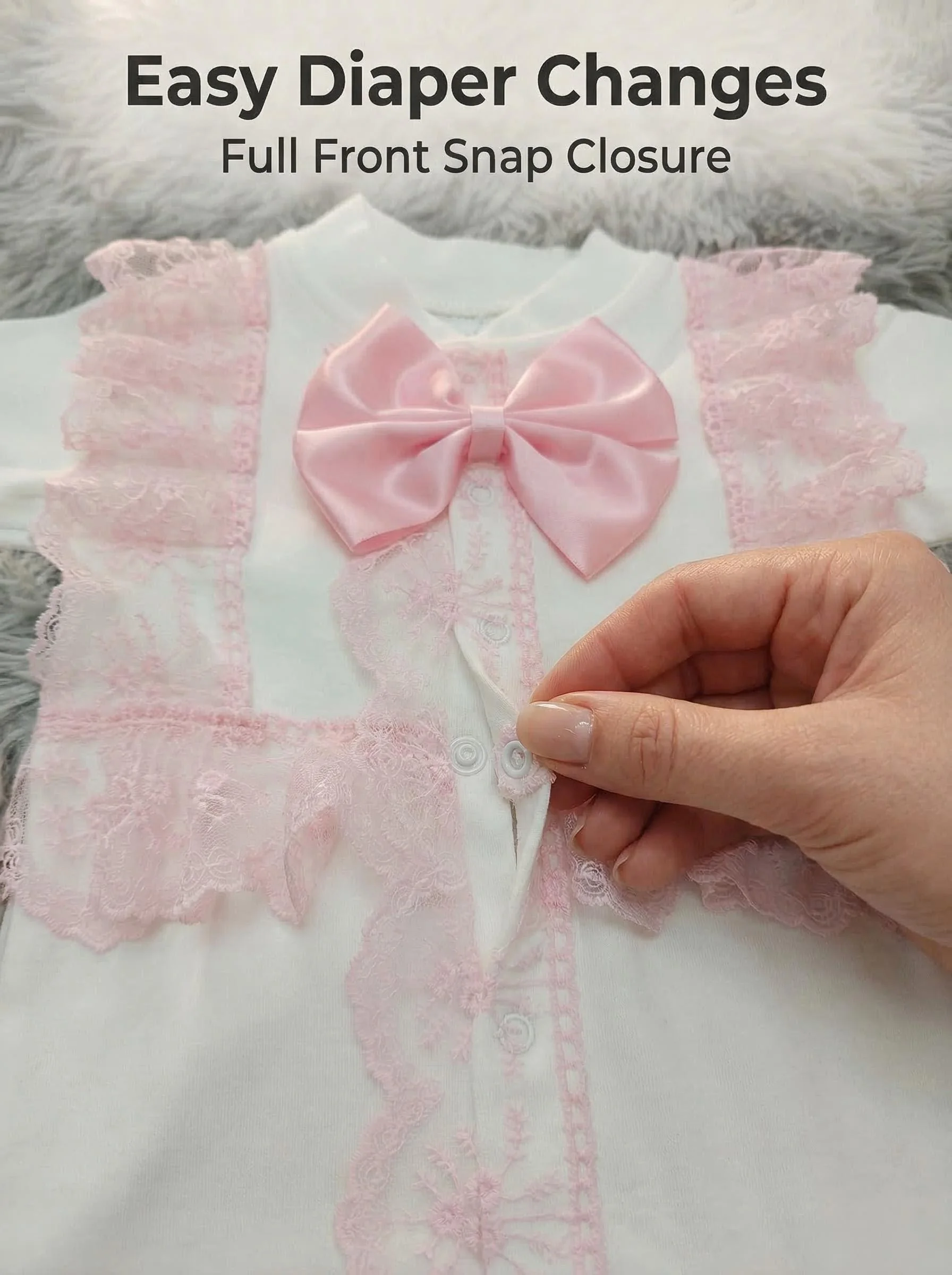 

Tranquil Ins Style White Baby Romper Pink Lace Trim Big Bow Jumpsuit Hat Mittens Breathable Cotton Outfit Baby Girl Birthday
