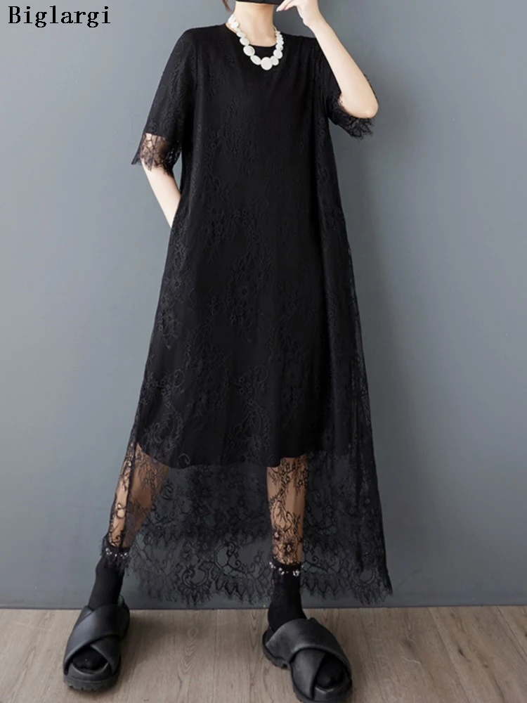 

Oversized Summer A-Line Dress Women Lace Patchwork Hollow Out Fashion Ruffle Ladies Dresses Loose Casual Woman Long Dress