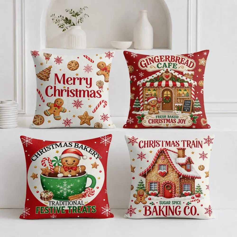 4PC Gingerbread Man Christmas Cushion Cover Linen Fabric Double-Sided Printing Breathable Pillow Case for Sofa Home Decor Gift