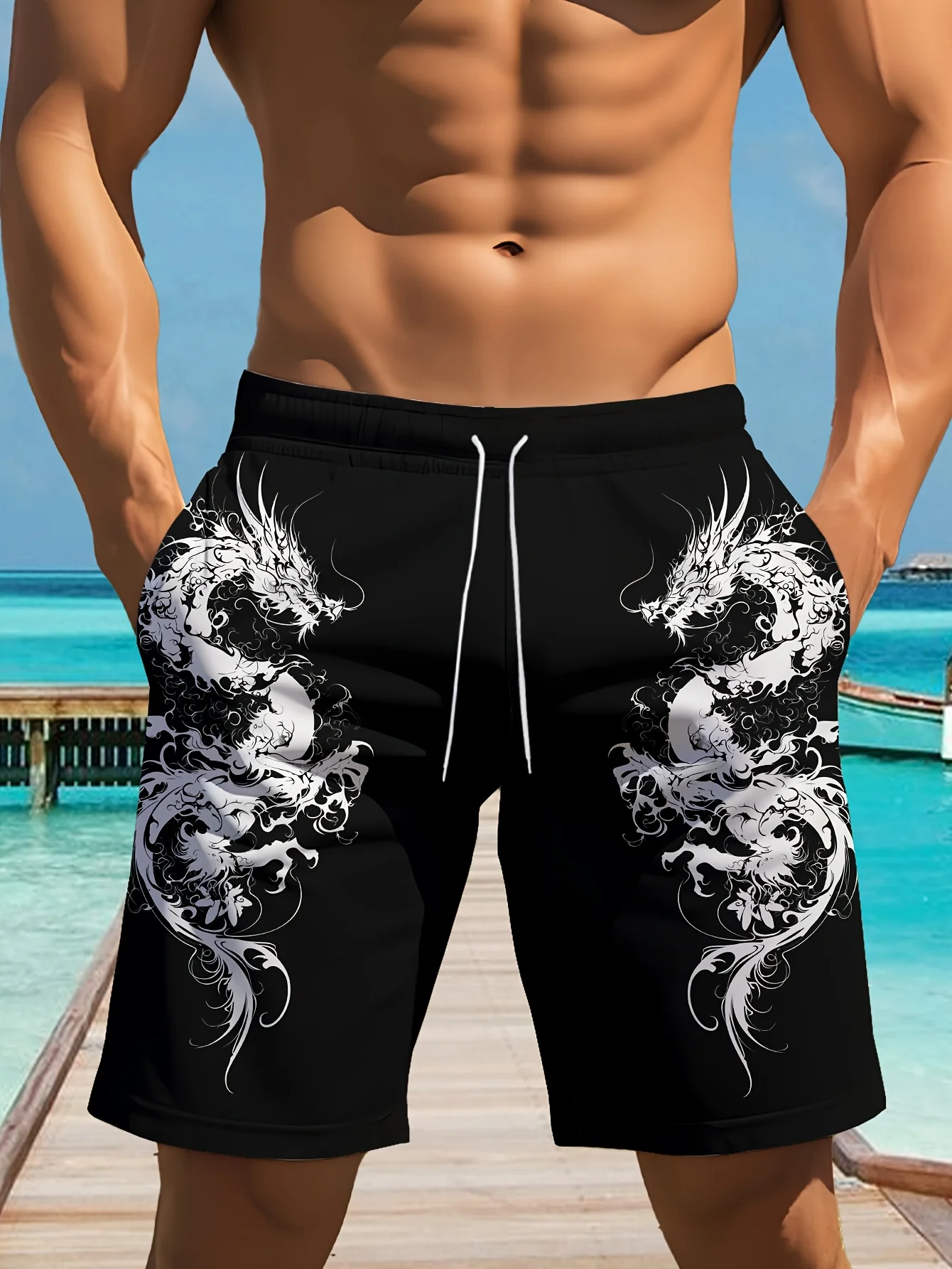 

Summer New Arrival Dragon Print Surf Shorts Animal Print Mens Relaxed Fit Surf Beach Drawstring Athletic Shorts Swimwear Apparel