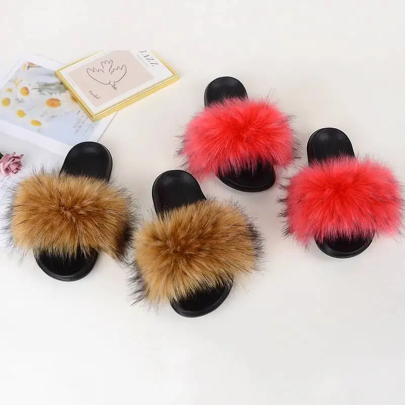 

Faux Fur Slippers Women Fluffy Fur Slides Imitation Furry Shoes Fox Fur Slippers Flat Fashion Winter Fur Slippers For Women