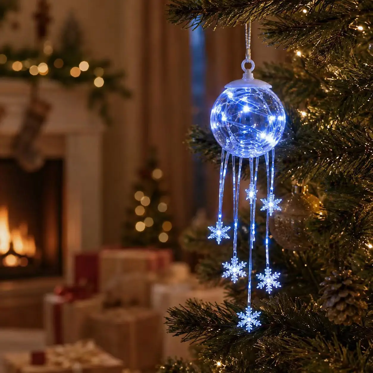LED Snowflake Christmas Tree Hanging Ornament Lighted Pendant Holiday Party Home Decor Christmas Decoration Indoor Outdoor Gift