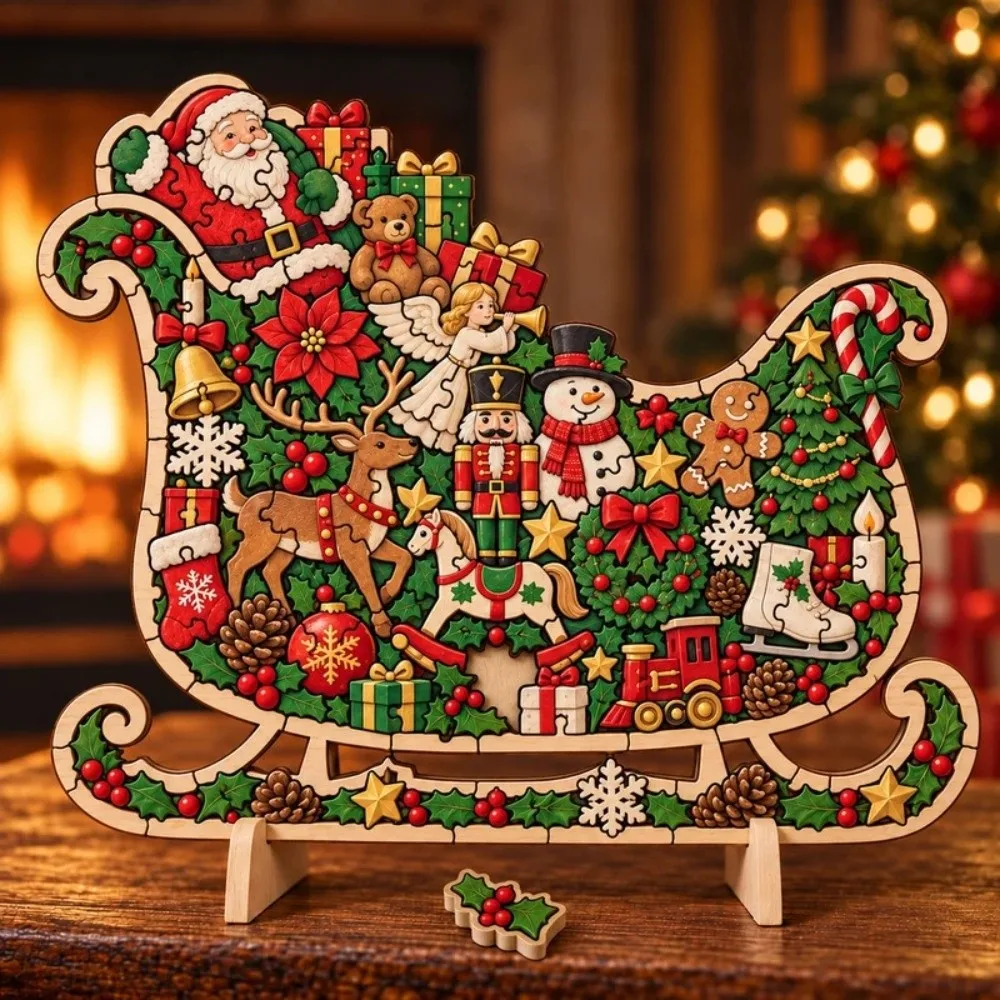 Wood Christmas Keepsake Puzzle With Display Stand Gingerbread Man Shape Jigsaw Puzzle Christmas Stocking Shape