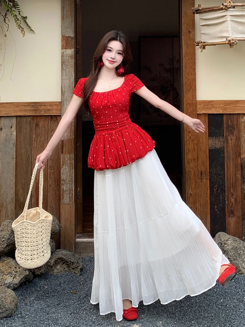

plus Size Summer Polka Dot Square Neck Short Sleeve Top High Waist Half Skirt Fashionable Two Piece Set Women's Casual Wear