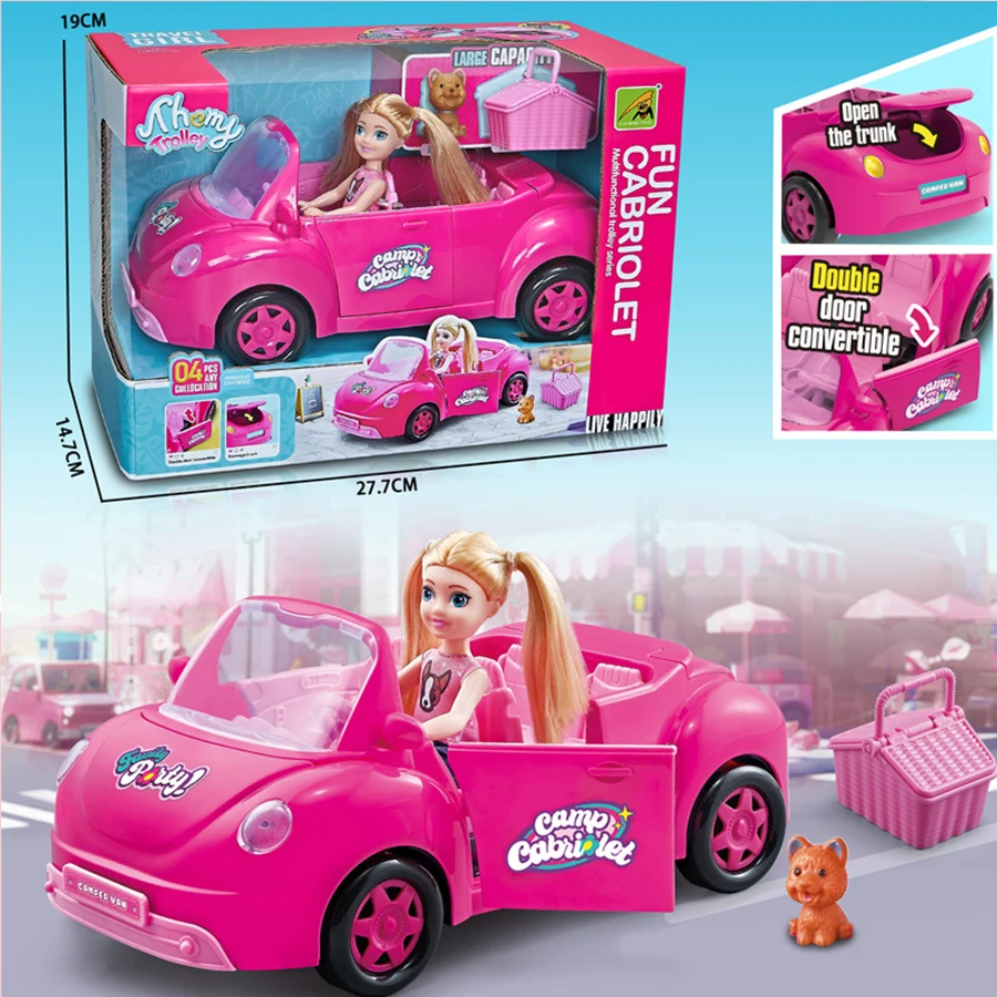 Puppenfahrzeug, lustige Cabriolet-Mini-Mode-Mädchenpuppe mit Haustier, Hund, Reise, Traumwagen, Spielset, Spielhaus, keine Stromfunktion