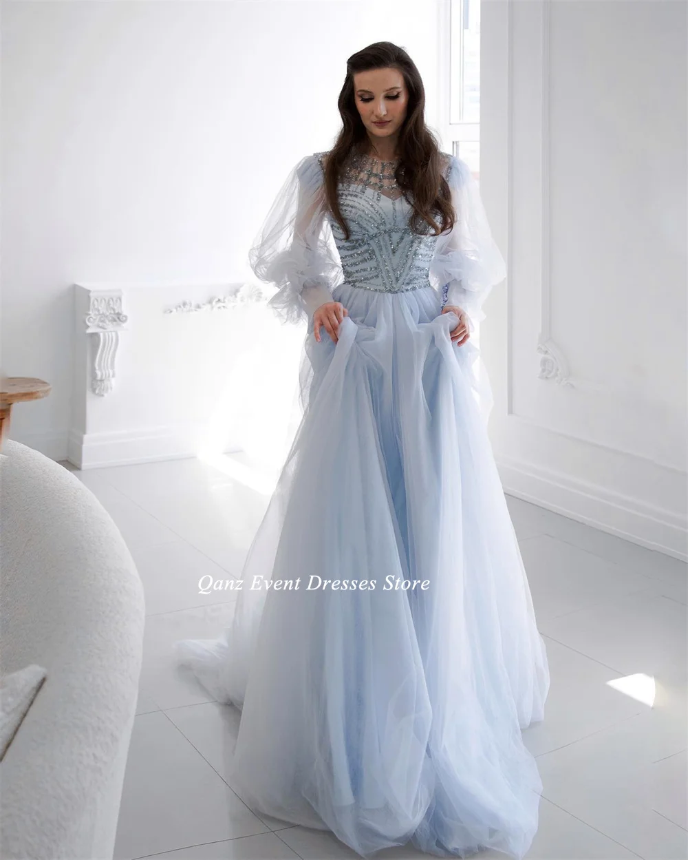 Qanz Tulle Long Sky Blue Prom Dresses Sequined Puff Sleeves Illusion A Line Dresses For Women Party Wedding Evening Vestidos De