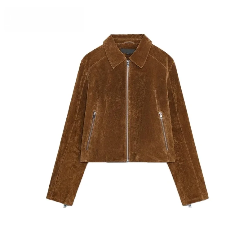 

Новинка 2025, осенняя простая верхняя одежда из искусственной кожи с воротником на молнии и воротником 8073255, свободное длинное пальто све