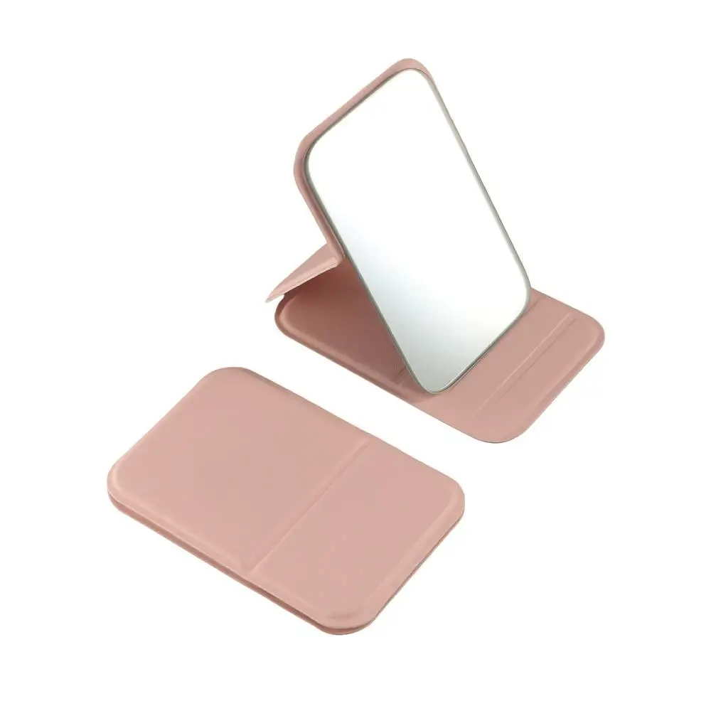 Miroir de maquillage de poche compact en cuir PU, miroir de vanité pliant, support de bureau, léger et délicat, INS