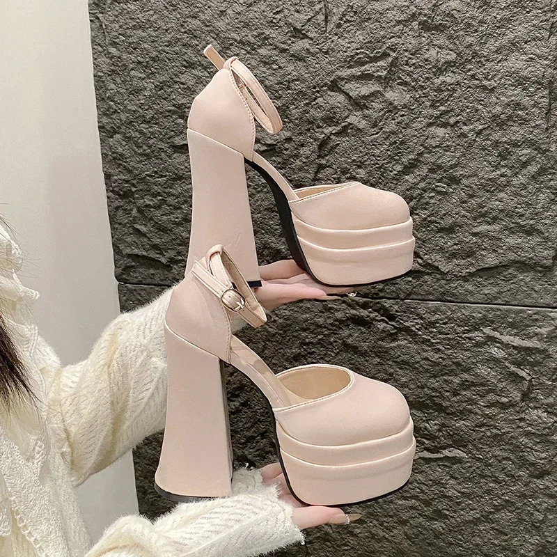 

Women's Small Size High Heels 34-39 New Super High Heel 15 Cm Round Head Thick Heel Buckle Mary Jane Shoes Wedding Single Shoes