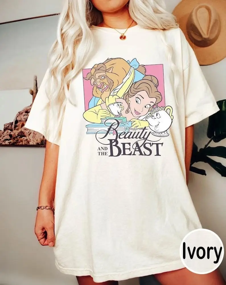 خمر ريترو الجمال والوحش الكرتون المطبوعة تي شيرت حكاية قديمة كما الوقت ديزني الأميرة قصيرة الأكمام بلايز الملابس