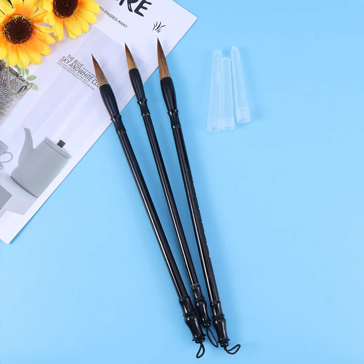 

3Pcs Chinese Calligraphy Brush Set Wolf Hair Natural Bristle Wood Handle Black Brown for Learning Writing Drawing Ink Painting