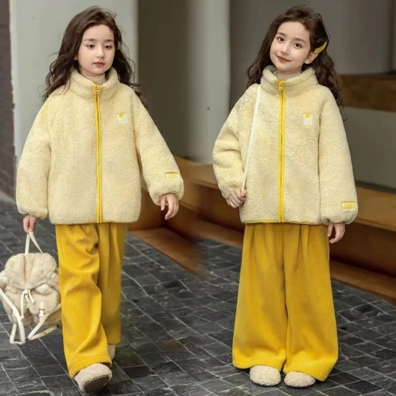 

Girls' Autumn and Winter Set 2026 New Lamb Wool Fleece Warm Jacket Long Pants Children's Fashionable and Versatile Two-piece Set