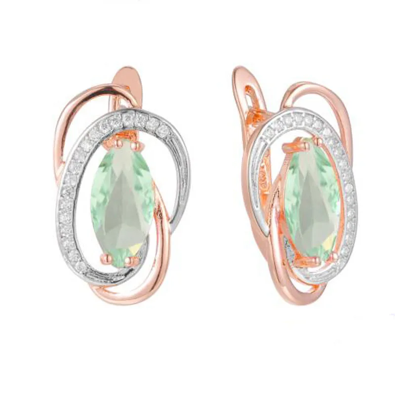 FJ Women 585 Rose Gold Color Light Purple Cubic Zircon Green Oval Weaving Drop Jewelry Earrings